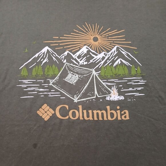 Columbia Mens Graphic T-Shirt Large Green Mountain Tent Campfire Print - Picture 1 of 11